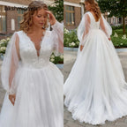 Lakshmigown Plus Size Long Wedding Dress Puff Sleeves V Neck Sweep Train A Line Tulle Robe De Mariage Bridal Dress Customized