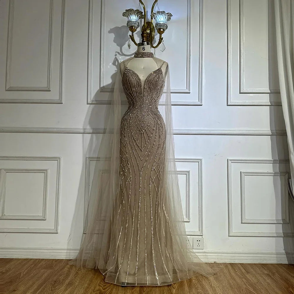 Serene Hill 2025 Customized Dubai Caramel Mermaid Arabic Evening Dresses with Beaded Cape Sleeves for Party DLA72852