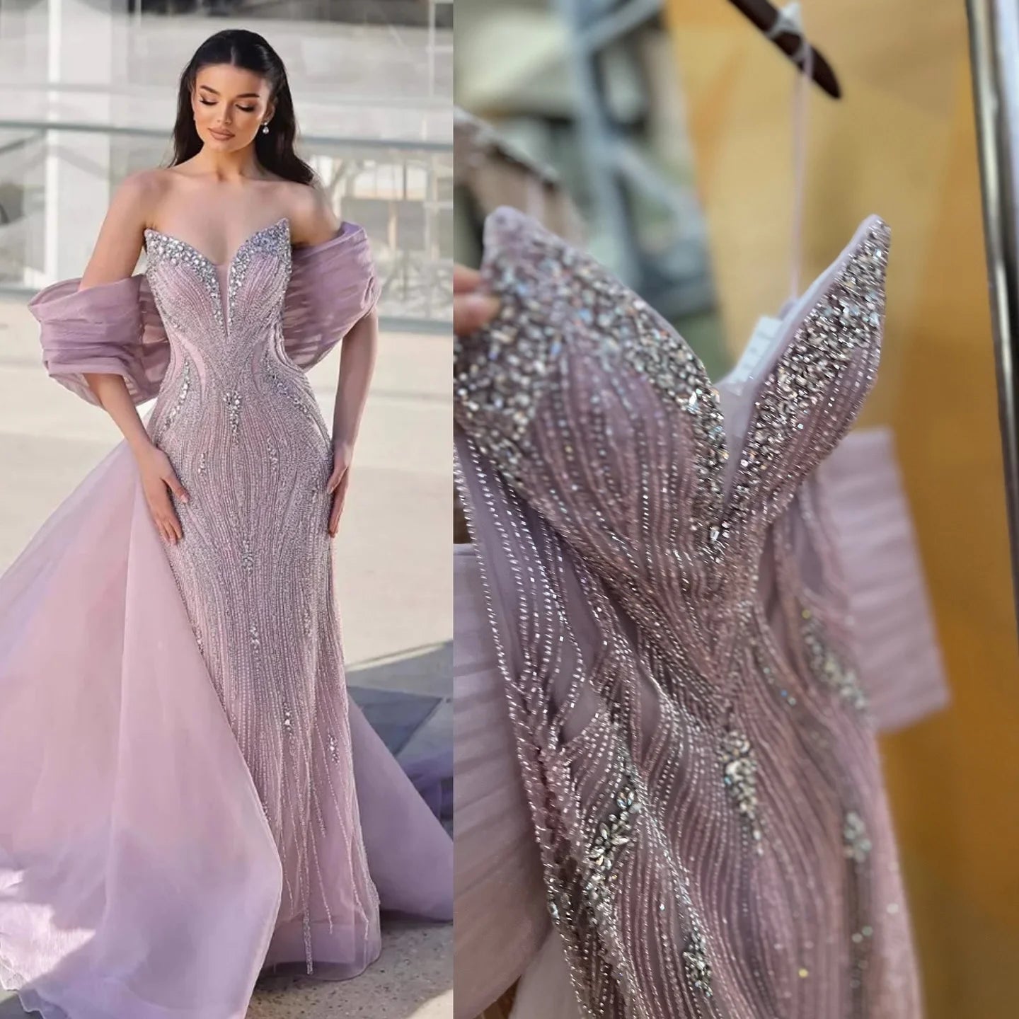 Serene Hill Pink 2025 Mermaid Beaded Evening Dresses with Cape Wedding Party Gowns for Women DLA73061 Customized