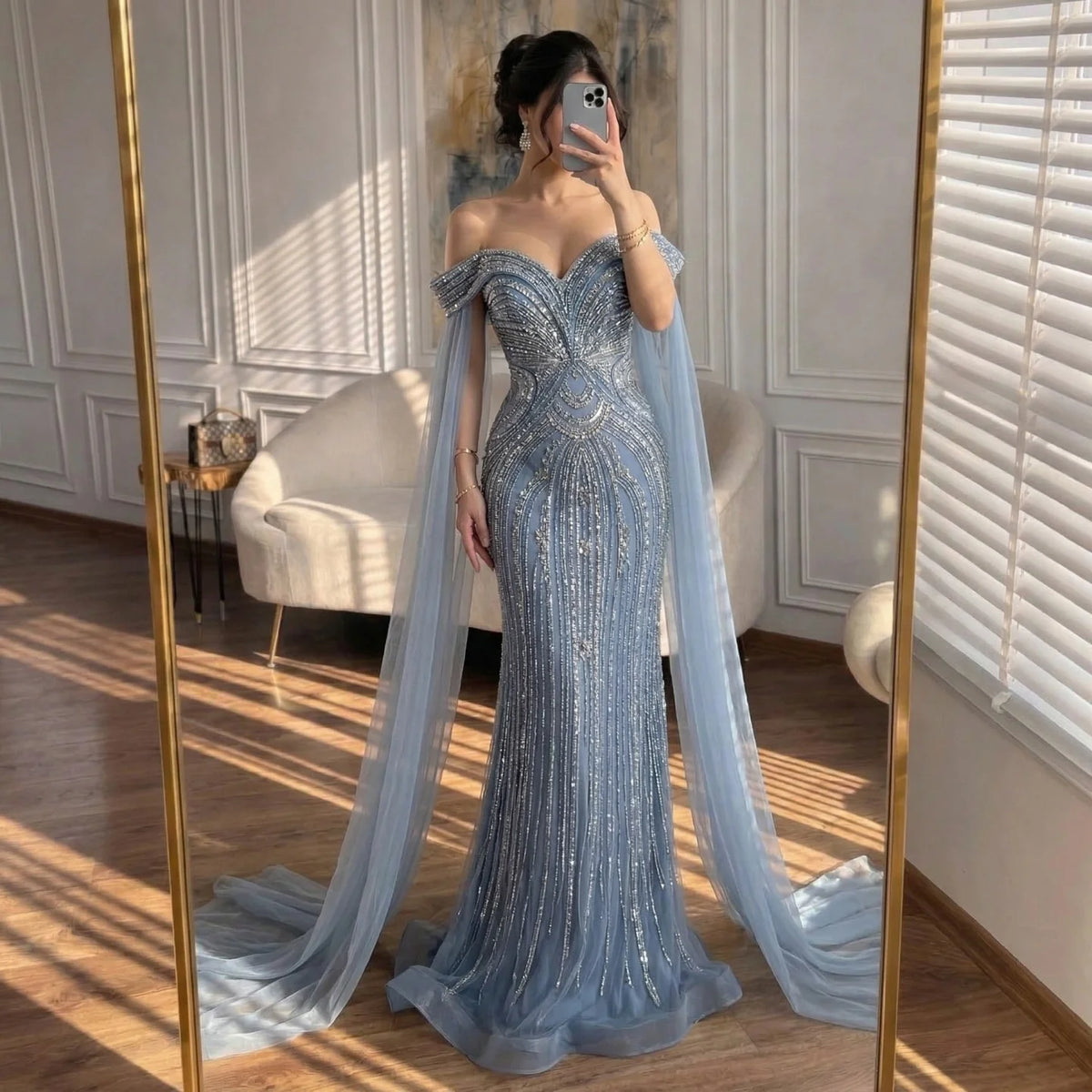 Serene Hill Dusty Blue Off-Shoulder Evening Dress Heavy Beaded Mermaid Party Gown with Elegant Cape Sleeves Customized DLA73151