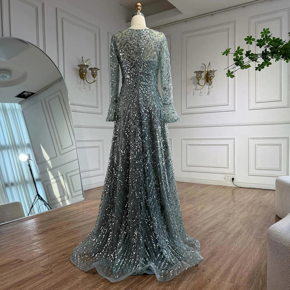 Serene Hill Turquoise Long Sleeves A Line Pearls Beaded Evening Dresses Elegant Party Gowns for Women DLA73177 Customized