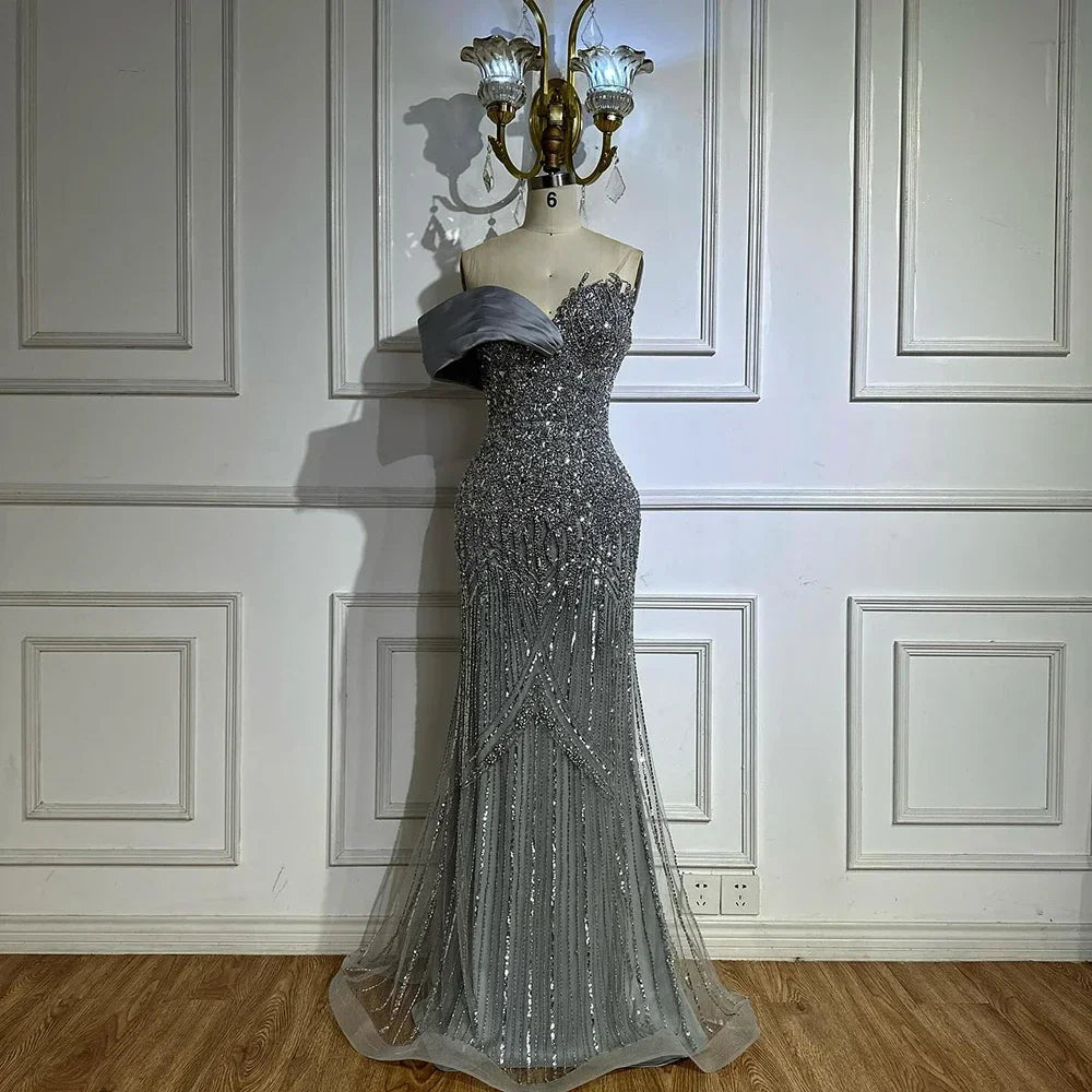 Serene Hill 2025 Dubai Grey Mermaid One Shoulder Beaded Long Evening Dresses Gowns For Formal Occasion DLA72650 Customized