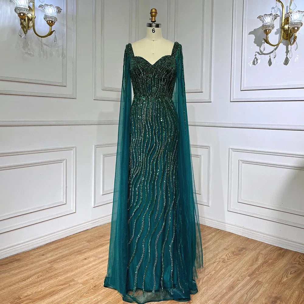 Serene Hill Blue Mermaid Beaded Evening Dresses with Cape Sleeves Wedding Party Gowns for Women DLA71715 Customized