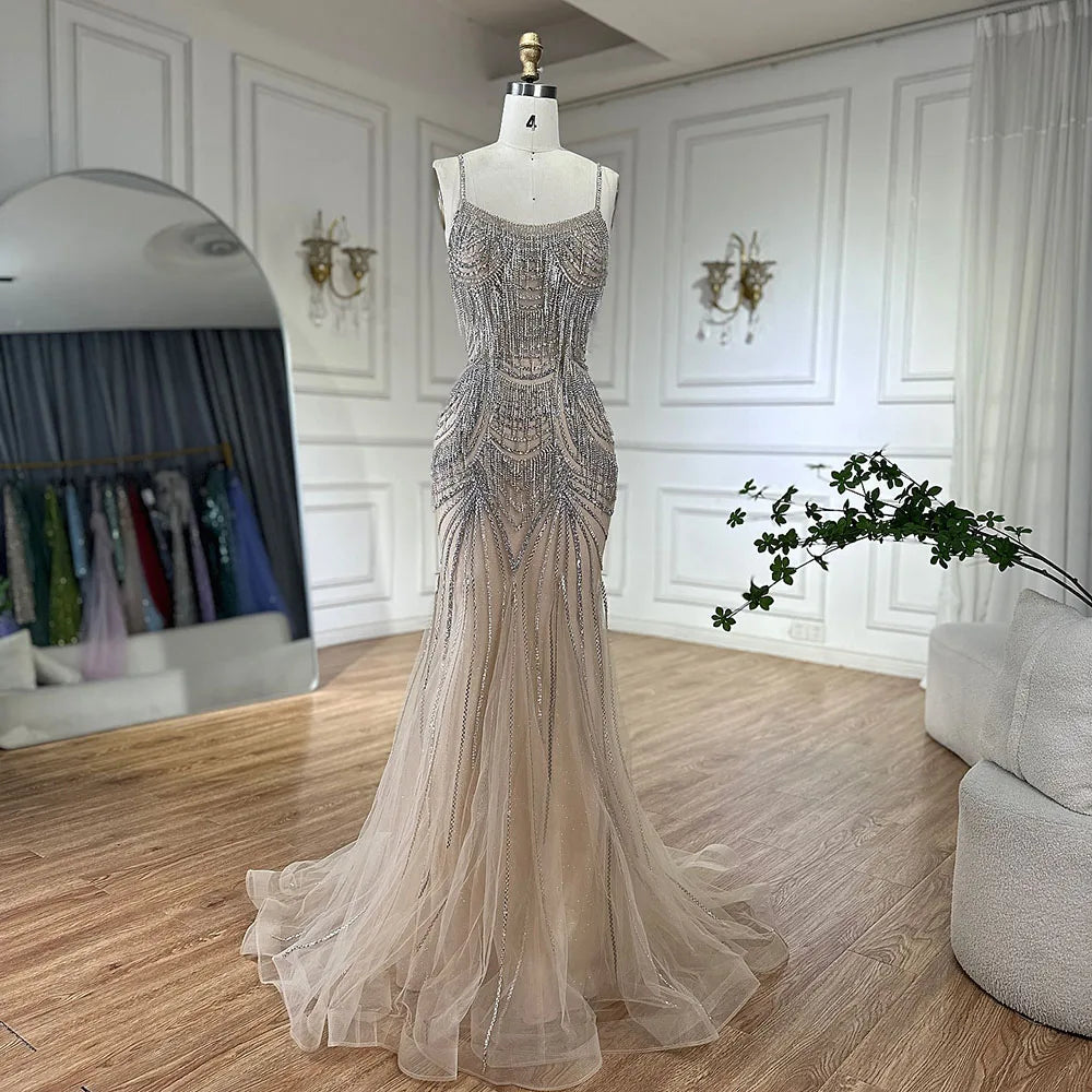 Abito da sera sirena con nappe di cristallo rosa nude di lusso LA72772