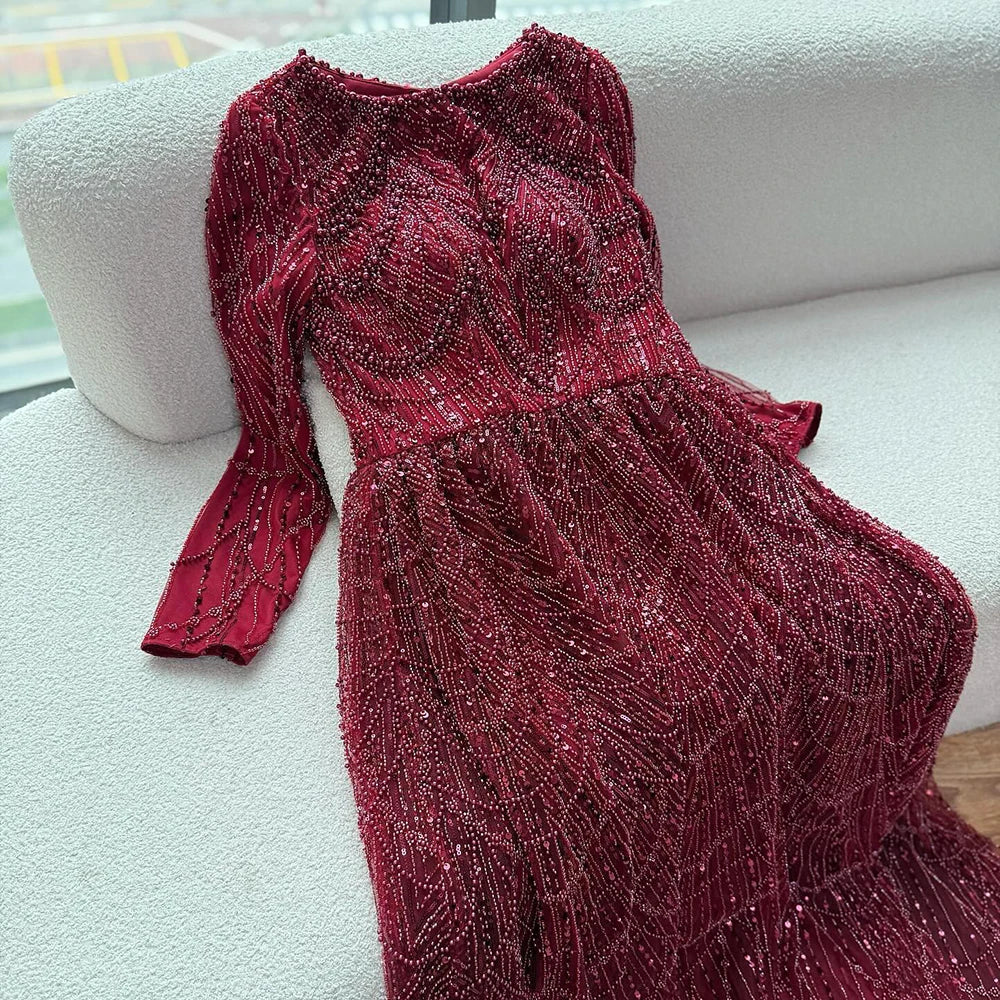 Serene Hill Wine Red Long Sleeves Muslim A-line Evening Dress Pearls Beaded Party Gowns for Women Plus Size Customized DLA72738B