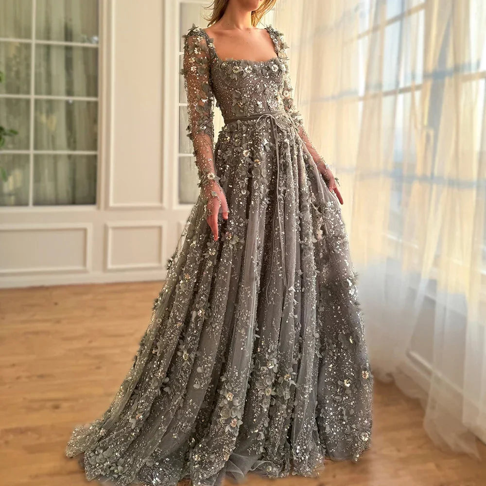 2025 Dubai Gray Lace-Up A-Line Elegant Appliques Elegant Beaded Evening Dresses For Women Wedding Party DLA72657 Customized