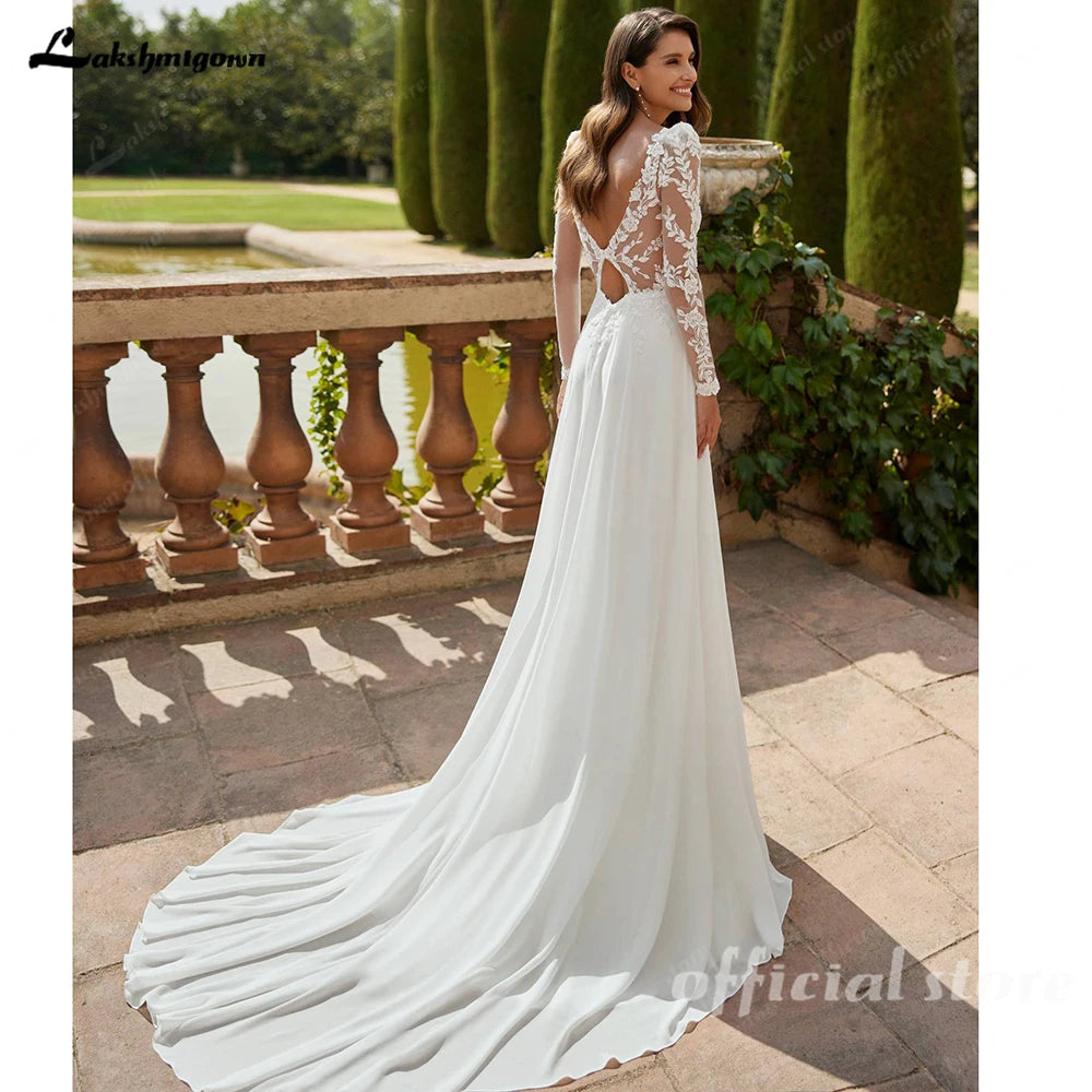 Lakshmigown Long Sleeve Wedding Dress 2026 Boho Beach Illusion Backless A Line Chiffon Bridal Gown Lace Robe De Mariée Customize