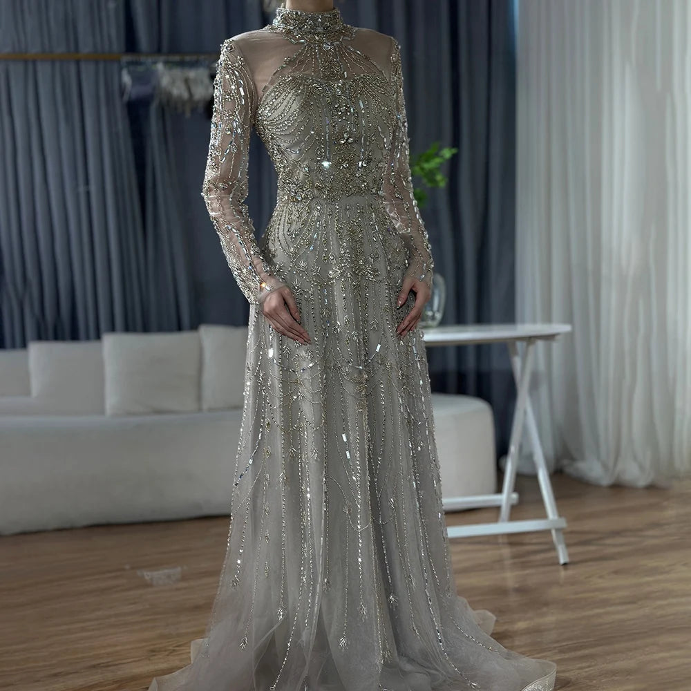 Serene Hill Caramel A-Line Long Sleeves Muslim Evening Gowns Luxury Beaded Party Dress for Women 2025 Customized DLA72704