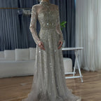 Serene Hill Caramel A-Line Long Sleeves Muslim Evening Gowns Luxury Beaded Party Dress for Women 2025 Customized DLA72704
