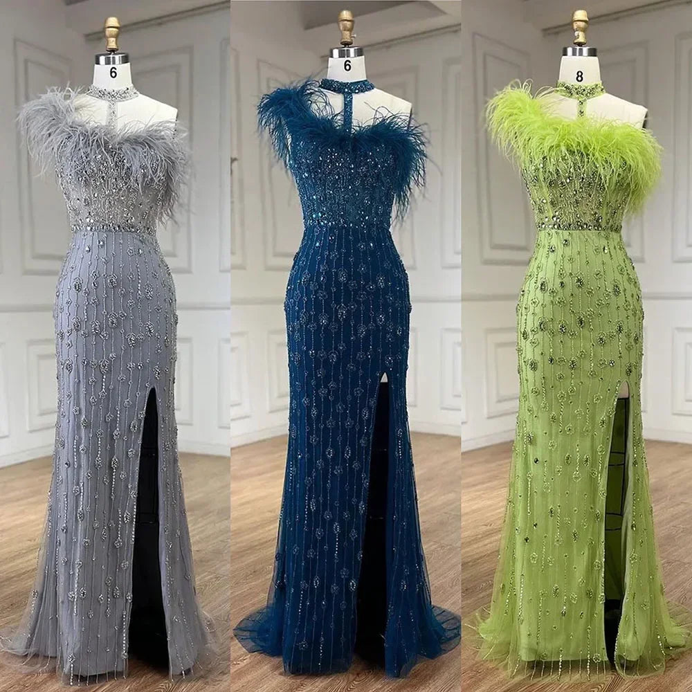 Serene Hill Customized 2025 Gray Halter Feathers Beaded Mermaid High Split Evening Dresses Formal Party Gowns for Women DLA72452