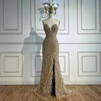 Serene Hill Customized 2025 Strapless Blue Luxury Beaded Feathers Slit Open Evening Party Gowns for Women DLA72695