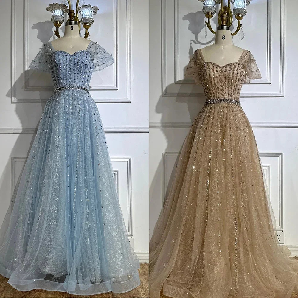 Serene Hill 2025 Customized Dubai Nude A-Line Beaded Backless Evening Dresses Gowns for Wedding Party DLA72834