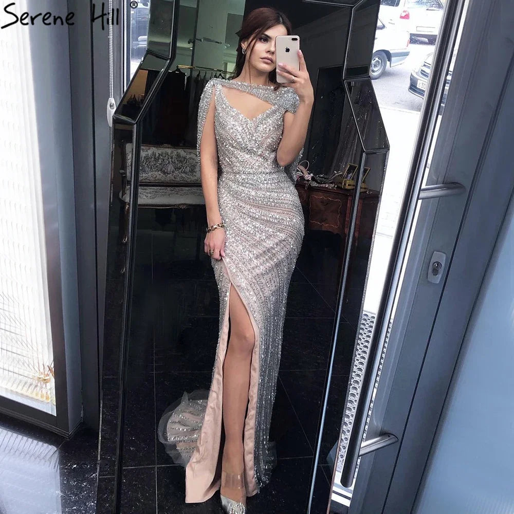 Serene Hill Customized Silver Nude Beaded Mermaid Evening Dresses 2025 Elegant Party Gowns For Women Wedding DLA70752