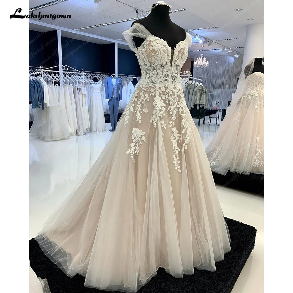 Lakshmigown Sexy Ladies Off Shoulder Lace Appliqués Beach Wedding Dresses Boho Bridal Gowns Sleeveless Robe Customized
