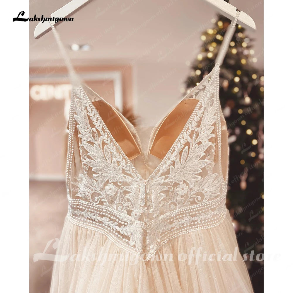Lakshmigown Spaghetti Straps Champagne Boho Wedding Dress For Women Vestido Civil Bridal Customized Wedding Gowns Suknie Slubne