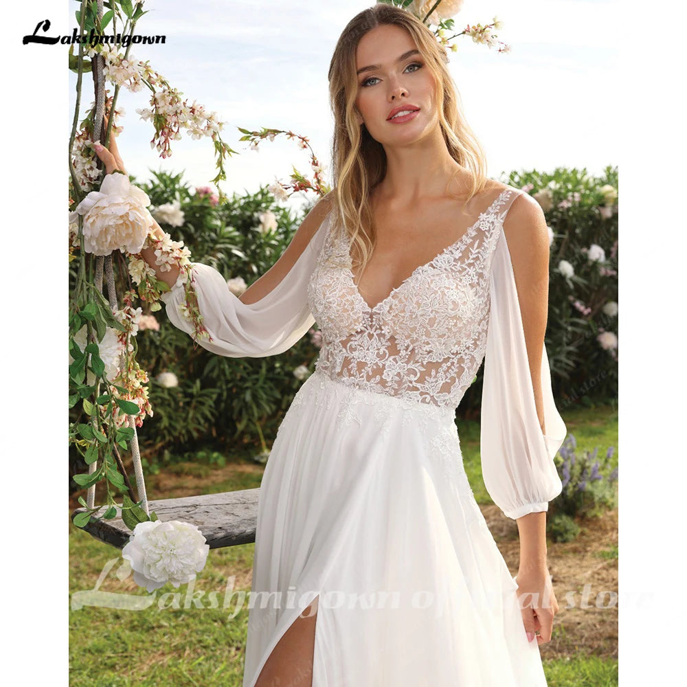 Lakshmigown Illusion Beach Wedding Dress Side Split Off Shoulder Long Sleeve Bridal Gown for Women Summer VestidoCustomized