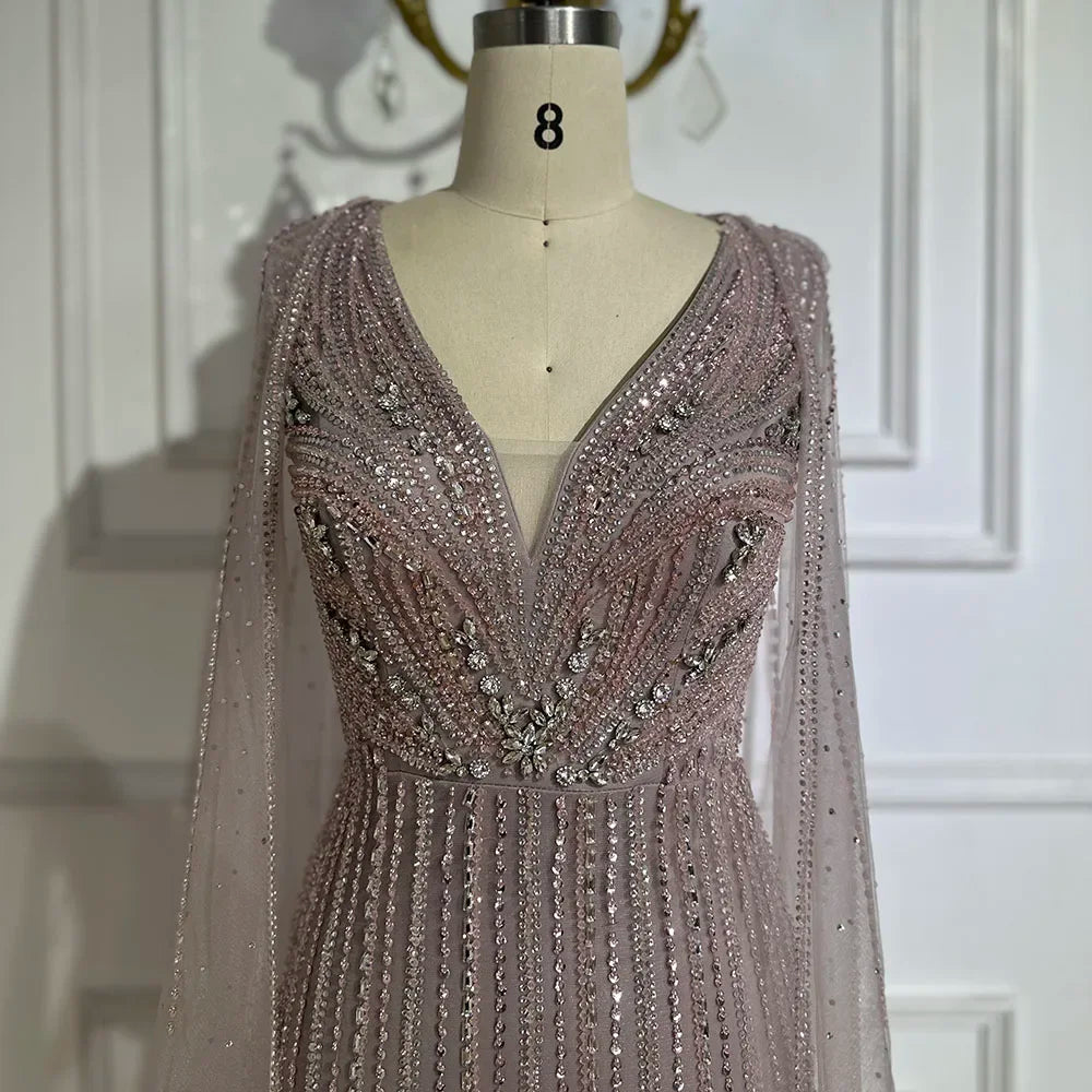 Serene Hill 2026 Customized Pink Cape Sleeves Mermaid Beaded Evening Dresses Gowns for Women Wedding Party 2025 DLA72864