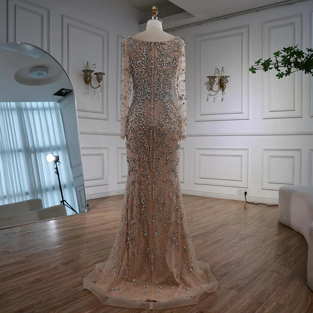 Serene Hill Turquoise V-neck Long Sleeve Mermaid Beaded Evening Dresses 2025 Luxury Party Gowns for Women DLA73042 Customized