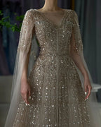 Customized 2025 Muslim A-Line Blue Beaded Elegant Evening Dresses With Cape Sleeves For Wedding Occasion DLA72666