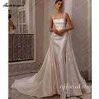 Lakshmigown Customized Elegant Satin Square Collar 2 In 1 Mermaid Wedding Dresses Beading Pearls Lace Sleeveless Bridal Gown
