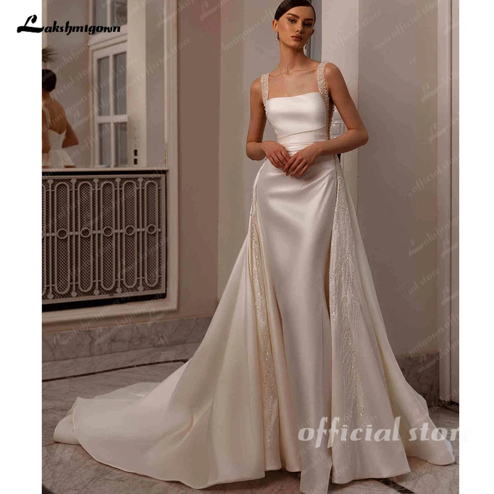 Lakshmigown Customized Elegant Satin Square Collar 2 In 1 Mermaid Wedding Dresses Beading Pearls Lace Sleeveless Bridal Gown