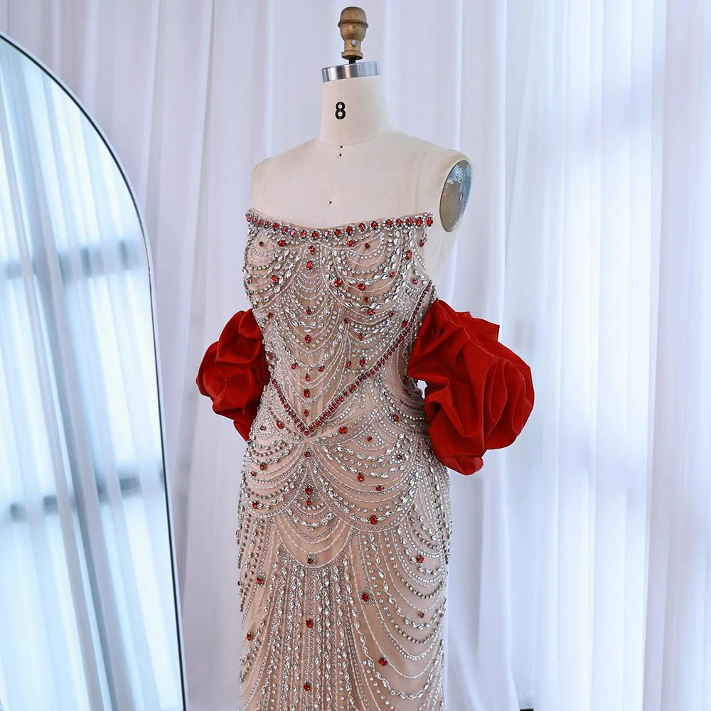 Luxury Beaded Evening Dresses with Elegant Puff Sleeves Pearl Beaded Adorned Design Serene Hill DLA72903 Customized