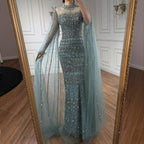 Serene Hill Dubai Blue Beaded Evening Dress with Cape Sleeves 2025 Formal Party Gowns for Women DLA72714A Customized