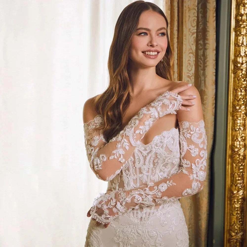 Customized Off Shoulder Mermaid Wedding Dress Lace Appliques Sweetheart Long Sleeves Bridal Gown Princess Vestidos De Novia