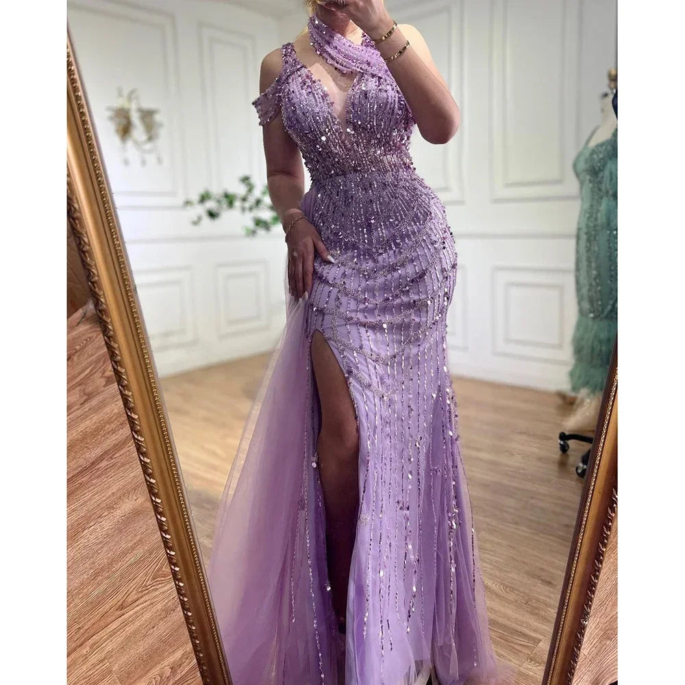 Serene Hill Customized Lilac Halter Mermaid Beaded Formal Evening Dresses Elegant Wedding Party Gowns for Women DLA71778A