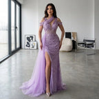 Serene Hill Customized Lilac Halter Mermaid Beaded Formal Evening Dresses Elegant Wedding Party Gowns for Women DLA71778A