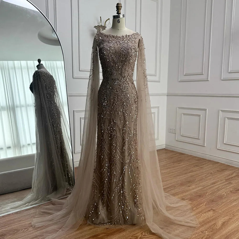 Customized Caramel O-Neck Mermaid Evening Dress with Cape Sleeve 2026 Wedding Party Gowns for Women | Nightbubo