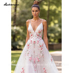 Lakshmigown Pink Floral Embroidery V-Neck Wedding Dress Spaghetti Straps A Line Wedding Gown Robe De Mariée Customized
