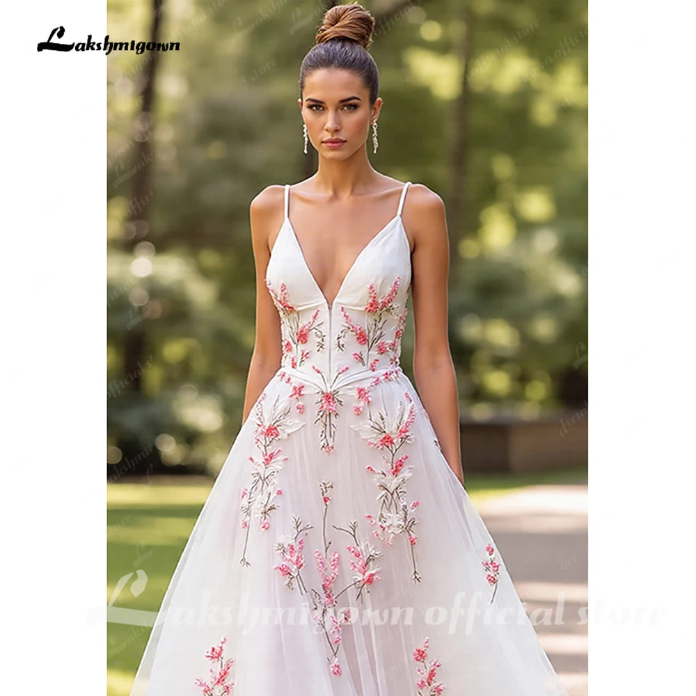 Lakshmigown Pink Floral Embroidery V-Neck Wedding Dress Spaghetti Straps A Line Wedding Gown Robe De Mariée Customized
