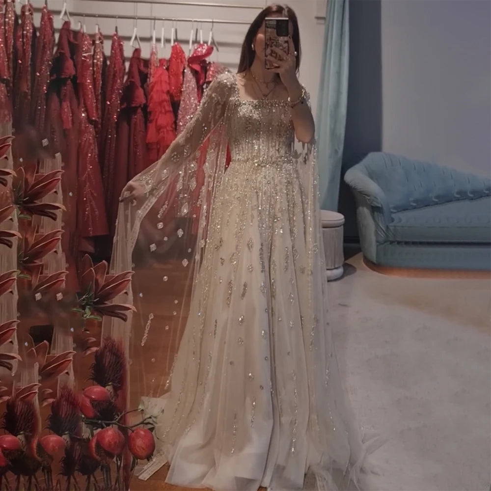 Serene Hill Customized 2025 Wine Red A Line Cape Sleeves Luxury Beaded Evening Dresses Formal Party Gowns for Women DLA72764