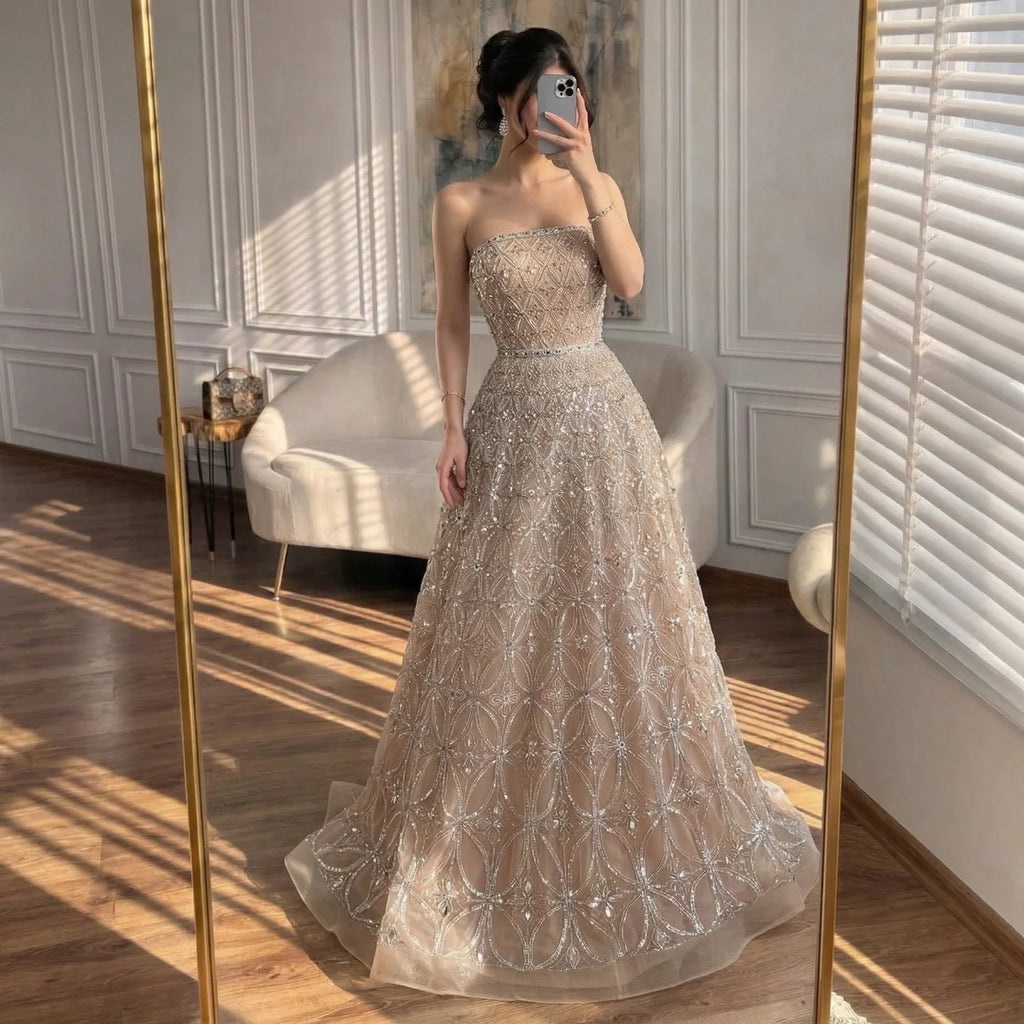 Serene Hill Customized 2026 Caramel Strapless A Line Beaded Evening Prom Dresses Elegant Party Gowns for Women DLA72755