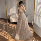 Serene Hill Customized 2026 Caramel Strapless A Line Beaded Evening Prom Dresses Elegant Party Gowns for Women DLA72755