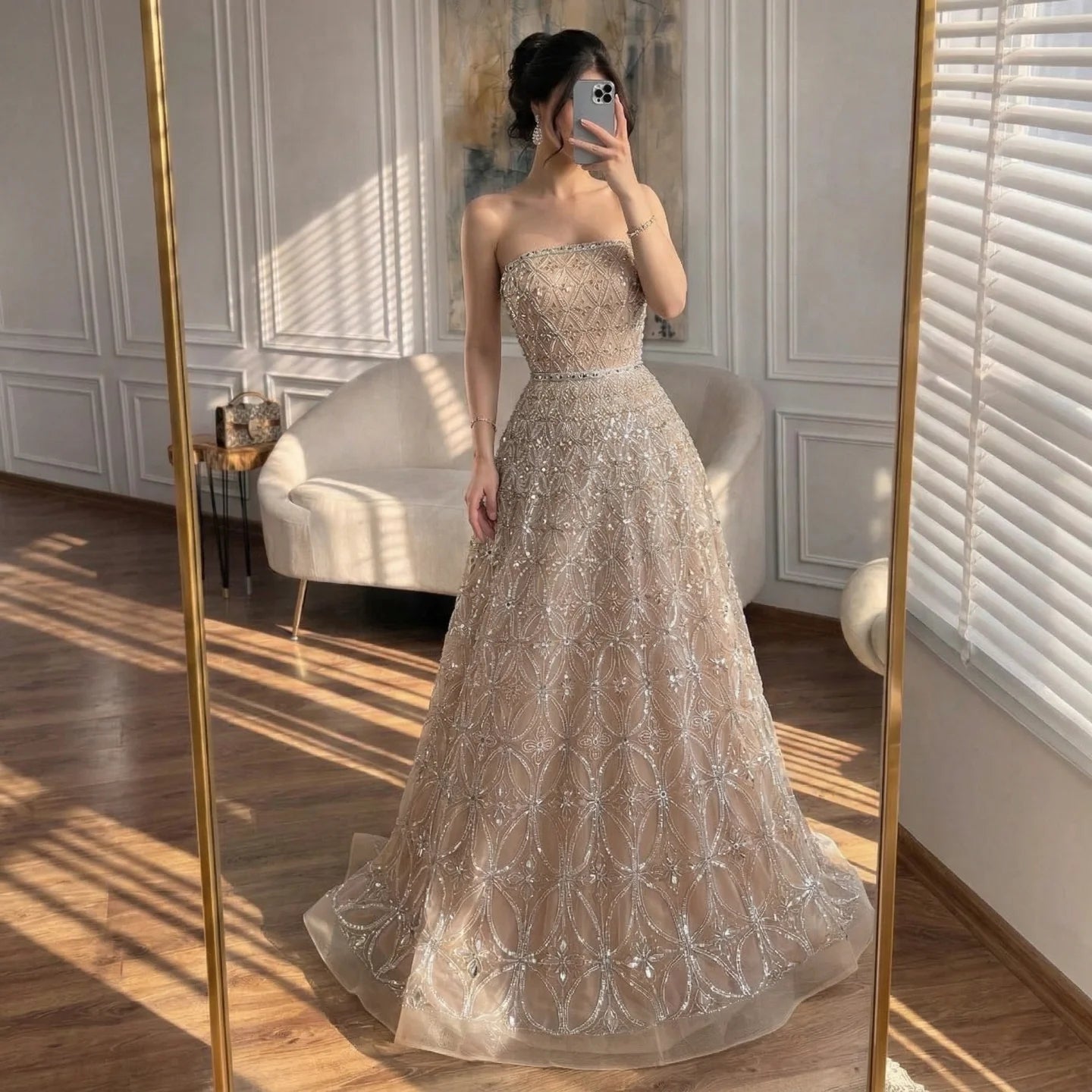 Serene Hill Customized 2026 Caramel Strapless A Line Beaded Evening Prom Dresses Elegant Party Gowns for Women DLA72755