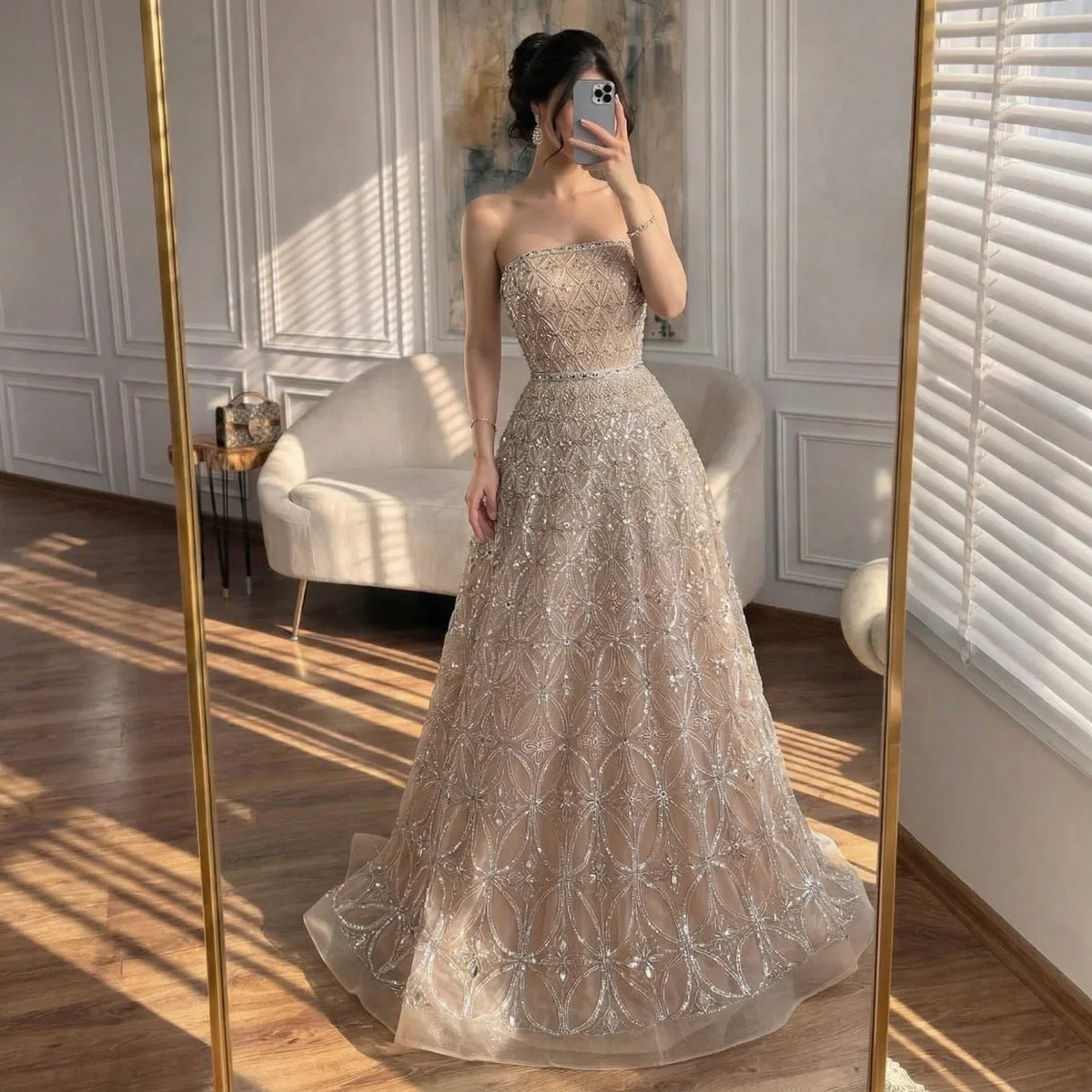 Customized 2026 Caramel Strapless A Line Beaded Evening Prom Dresses Elegant Party Gowns for Women | Nightbubo