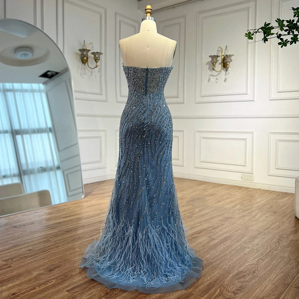 Serene Hill Customized 2025 Strapless Blue Luxury Beaded Feathers Slit Open Evening Party Gowns for Women DLA72695