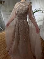 Serene Hill Customized 2025 Blue Beaded A-Line Cape Sleeves Formal Evening Dresses Elegant Party Gowns for Women DLA72728