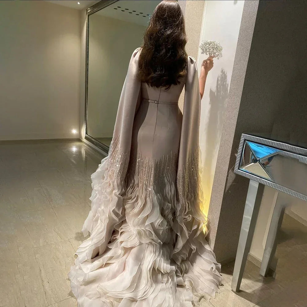Serene Hill 2025 Champagne Mermaid Luxury Cape Sleeves Beaded Satin Saudi Evening Dresses Gowns for Party DLA72317A Customized
