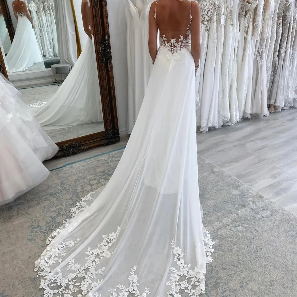 Beach A Line Chiffion Wedding Dresses Sexy V-neck Spaghetti Straps Backless Button Appliques Boho Bridal Gowns Vestido De Novia