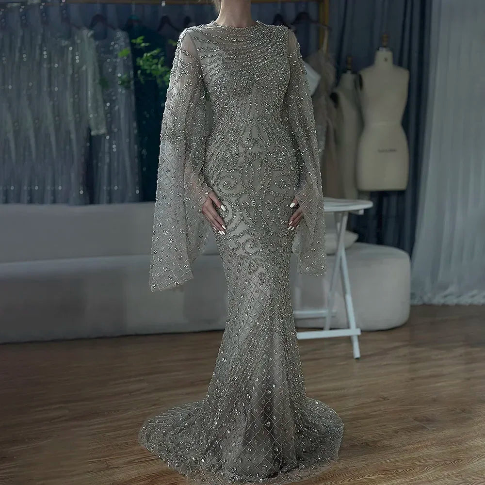 Serene Hill 2025 Flared Sleeves Caramel Beaded Dubai Mermaid Evening Dresses Gowns for Party DLA72771 Customized