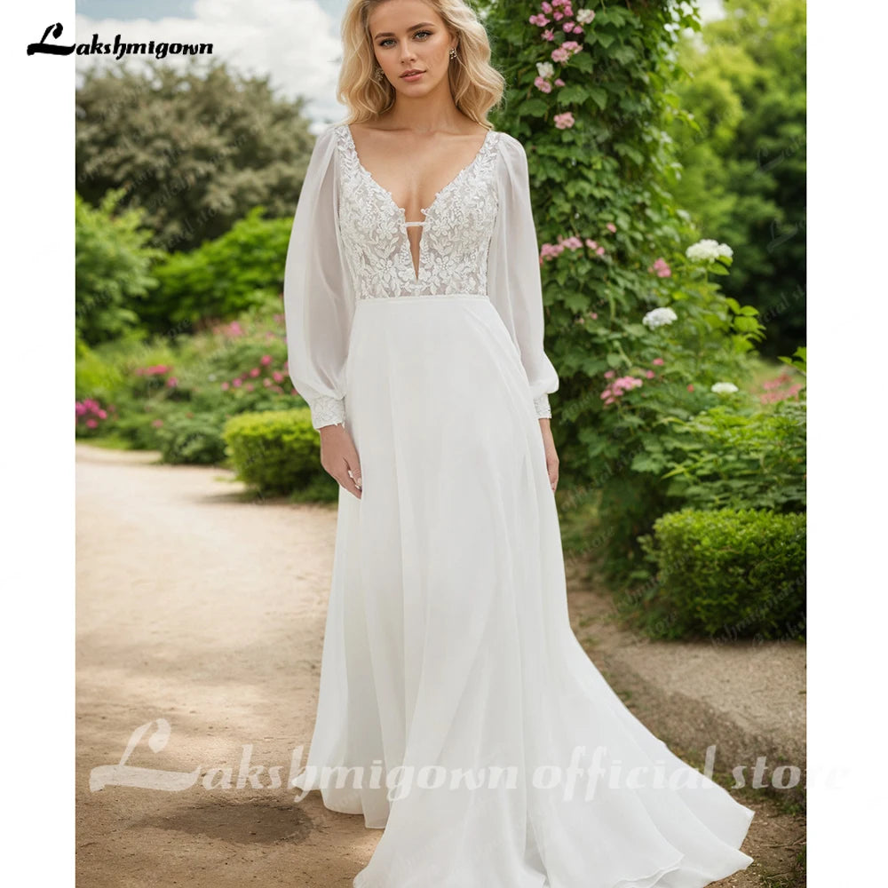 Lakshmigown Chiffon V Neck Wedding Dress Bride Applique A-Line Civil Double V-Neck Puff Sleeves Bride Gowns Customized