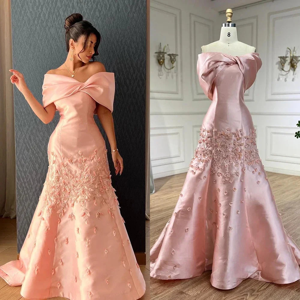 Serene Hill Customized Elegant Red Off-Shoulder Evening Gowns with Floral Satin Arabic Party Prom Dress for Women DLA72483