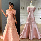 Serene Hill Customized Elegant Red Off-Shoulder Evening Gowns with Floral Satin Arabic Party Prom Dress for Women DLA72483