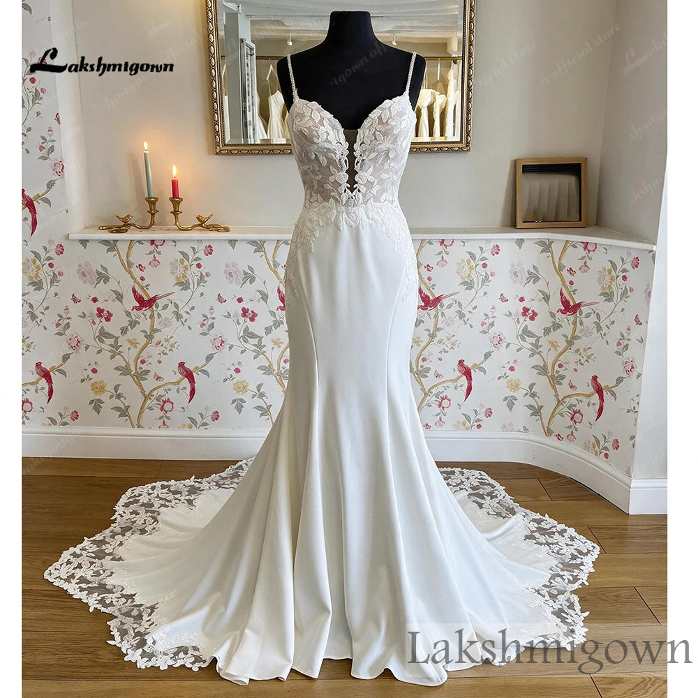 Lakshmigown Spaghetti Strap Sweetheart Mermaid Wedding Dress Lace Satin Bridal Gown With Cathedral Lace Train Customized