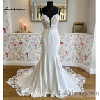 Lakshmigown Spaghetti Strap Sweetheart Mermaid Wedding Dress Lace Satin Bridal Gown With Cathedral Lace Train Customized
