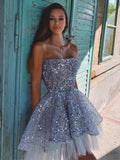 Funkelndes Pailletten-Tüll-A-Linien Homecoming-Kleid mit freiem Rücken S6497