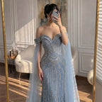 Serene Hill Dusty Blue Off-Shoulder Evening Dress Heavy Beaded Mermaid Party Gown with Elegant Cape Sleeves Customized DLA73151